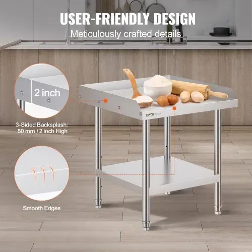 VEVOR Arbeitstisch aus Edelstahl, kommerzieller Arbeitstisch zur Lebensmittelzubereitung, 3-seitiger Spritzschutz, 610 x 610 x 660 mm Küchentisch, Arbeitstisch mit einstellbarer Höhe für Hotel – Bild 3