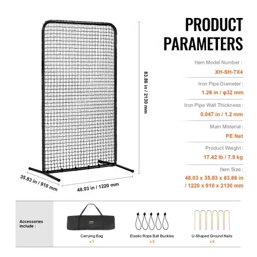 VEVOR I-Typ für Schlägerkäfig 1220 x 910 x 2130 mm Baseball- und Softball-Sicherheitsschirm Körperschutz Tragbarer Schlagschirm mit Tragetasche & Bodenpfählen, Outdoor Baseball-Pitching-Netz Schwarz – Bild 6