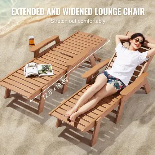 VEVOR Sonnenliege, 181kg Tragkraft, HDPE Gartenliege, Strandliege mit 6-fach verstellbarer Rückenlehne, Armlehne, Getränkehalter, Balkonliege, Terrassenliege für Pool, Terrasse, Patio, Rasen, Braun – Bild 4