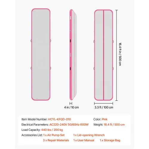 VEVOR Aufblasbare Gymnastikmatte 500x100x10 cm Airtrack-Turnmatte für Training, Wettkampfsport & Yoga, mit Rutschfester Oberfläche, 600-W-Elektroluftpumpe, Reparaturflicken, Düsen & Tasche, Pink – Bild 6