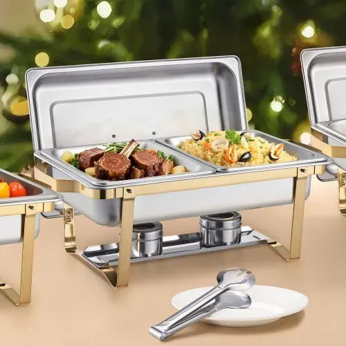 VEVOR Chafing Dish Set Speisenwärmer Edelstahl mit 2 Pfannen in voller Größe (7,5 L) & 4 halbgroßen Pfannen (4 L), rechteckiger Catering-Wärmespender mit Deckel & Wasserpfannenständer, Gold – Bild 7