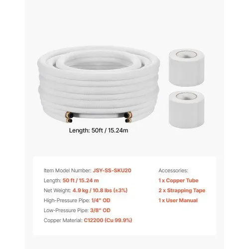 VEVOR Kältemittelleitung 15,24 m, Kupferleitung 6,4 & 9,5 mm Außendurchmesser, PE-isolierte Spule mit Bördelmuttern, Umreifungsbänder, für Mini-Split-Klimaanlage, HVAC oder Wärmepumpensystem – Bild 6