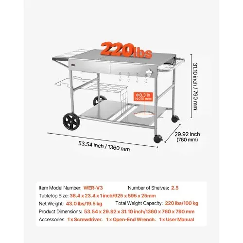 VEVOR Grillwagen Outdoor 925x595x25 mm (Tischplattengröße), Rollbarer Grilltisch mit 4 Gewürzbehältern & Rädern & Deckeln & Haken, Grillvorbereitungstisch Servierwagen für Picknick Küche Garten – Bild 2