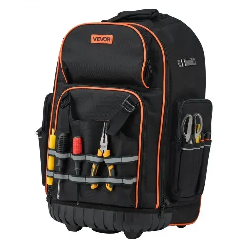 VEVOR Werkzeugrucksack mit Rollen, 50 kg Tragkraft, 72 Taschen, Werkzeugtasche, verstellbarer Teleskopgriff & stabile Basis, Arbeitsrucksack-Organizer für Bau & Mechanik, 450x275x560 mm – Bild 9