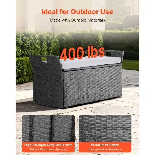 VEVOR Gartenbank mit Stauraum 180 kg, PE-Rattan-Sitzbank, Sitztruhe mit Kissen & seitlichem Griff, Aufbewahrungsbank, Sitzgelegenheit & Veranda-Dekor für Terrasse, Garten & Balkon, 104x45x52cm – Bild 2