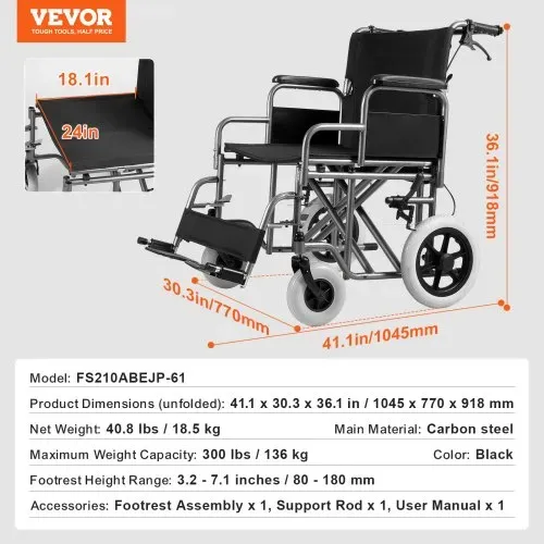 VEVOR Rollstuhl, Transportstuhl aus Karbonstahl für Erwachsene, Faltbarer Rollstuhl mit abnehmbarer Armlehne, selbstsperrende Bremse, 24 Zoll breiter Sitz, Tragkraft 300 Pfund, für freie Bewegung von Behinderten – Bild 6
