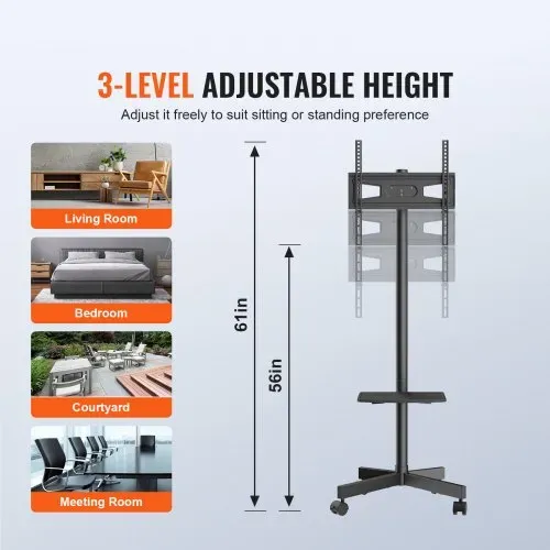 VEVOR TV Ständer mit Rollen Universal 1430–1538 mm Höhenverstellbar, 100 x 100 mm / 400 x 400 mm, 39,9 kg Belastbarer Bodenständer Standfuß Passend für 58,42-152,4 cm Fernsehen, TV-Halterung – Bild 3