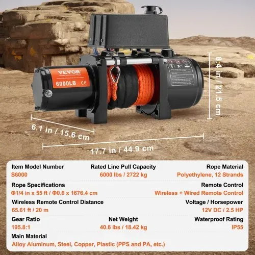 VEVOR Elektrische Seilwinde, 6000 lb Tragkraft, 12 V DC für LKWs mit 1/4 Zoll x 55 Fuß Synthetikseil, Aluminium-Seilführung, zwei Fernbedienungsoptionen, IP55-Wasserbeständigkeit, ideal zum Schleppen von SUVs, LKWs, Jeeps, Anhängern und Booten – Bild 6