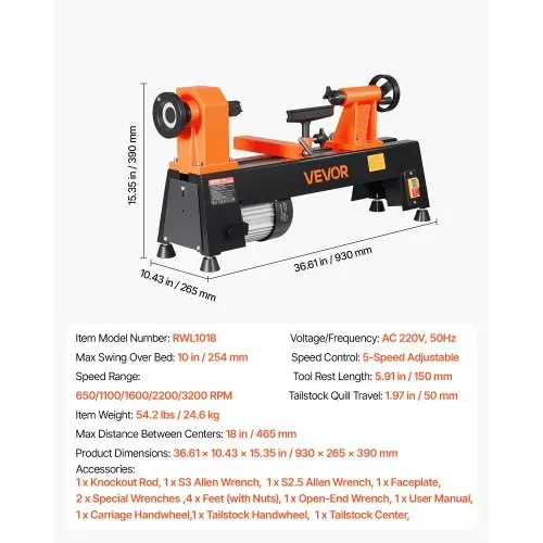 VEVOR Drechselbank 254 x 465 mm 1/2 PS Tischdrehbank mit 5 Drehzahlstufen, für Anfänger und Hobbybastler, mit Thermoschutz, Robustem Metallrahmen und Komplettem Zubehörset für Weich- und Hartholz – Bild 6