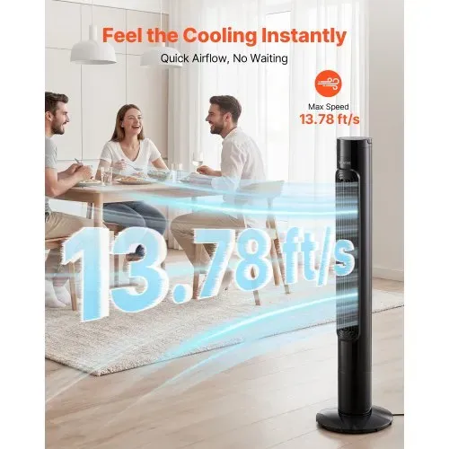 VEVOR 50W Turmventilator, 985 mm Säulenventilator mit 3 Geschwindigkeiten 3 Modi 7,5 Std. Timer, 50° Oszillierender Ventilator mit Fernbedienung, Leiser Standventilator für Schlafzimmer Büro, Schwarz – Bild 2
