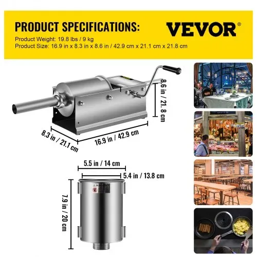 VEVOR Wurstfüller 3L Fleischwölfe Wurstmaschine Wurstfüllmaschine Horizontal Edelstahl Wurstspritze – Bild 6