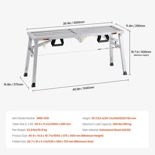 VEVOR Arbeitsplattform 500-740 mm, zusammenklappbare Trittleiter aus legiertem Stahl, tragbare Arbeitsbühne, Tragkraft 180 kg, Trittbank Hocker zum Malen von Trockenbauwänden, Reinigen, Waschen – Bild 6