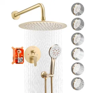 VEVOR Duscharmatur Regenduschsystem fürs Badezimmer Duschsystem mit 254 mm runden Regenduschkopf & Handbrause, wandmontierte Badezimmerarmaturen mit Messingventil & Zierset, gebürstetes Gold VEVOR Duscharmatur Regenduschsystem fürs Badezimmer Duschsystem mit 254 mm runden Regenduschkopf & Handbrause, wandmontierte Badezimmerarmaturen mit Messingventil & Zierset, gebürstetes Gold