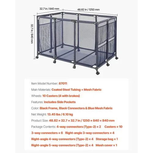 VEVOR Pool-Aufbewahrungsbehälter, 125x84x84 cm, Aufbewahrungsbox, Aufbewahrungswagen, Organizer mit Seitentaschen & Rollen, Robustem Metallrahmen, Netzkorb für Poolspielzeug – Bild 6
