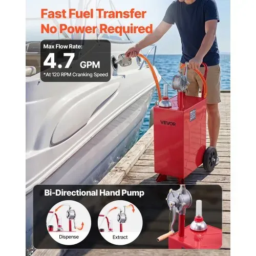 VEVOR 56,8L Kraftstofftrolley Mobile Tankanlage mit Manueller Pumpe Rot, Kohlenstoffstahl, Mit 2 Rollen & 3m Förderschlauch, Max. 17,8L/min Durchfluss, Benzin & Diesel, Ideal für ATV UTV Motorrad – Bild 2