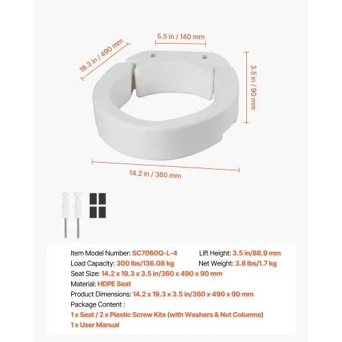 VEVOR Toilettensitzerhöhung Toilettenerhöhung (136 kg belastbar) mit 88,9 mm Hubhöhe, erhöhter Toilettensitz mit vergrößerter Öffnung für ältere Menschen, längliche Toilettenschüsseln – Bild 6