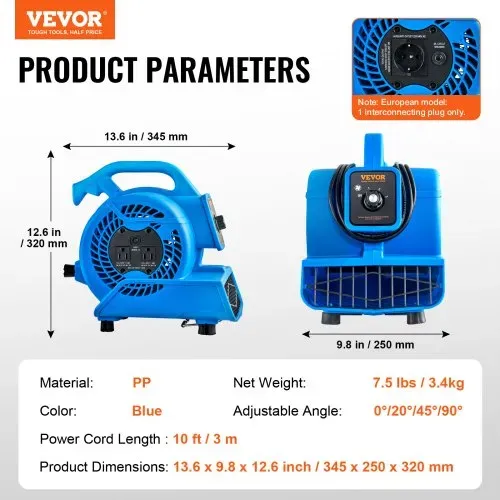 VEVOR Bodengebläse, 1360 U/min, 600 CFM, Luftbeweger zum Trocknen und Kühlen, tragbarer Teppichtrockner-Ventilator mit 4 Blaswinkeln, 3-Gang-Einstellung, für Hausmeister, Haushalt, Sanitär, gewerbliche Nutzung – Bild 6