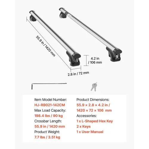 VEVOR 2 x Dachgepäckträger Dachquerträger mit 90 kg Tragkraft, Passend für Erhöhte Dachreling, 190–1230 mm Relingabstand, Abschließbare Querträger für Gepäck Kanus Transportkörbe, Dachträger – Bild 6