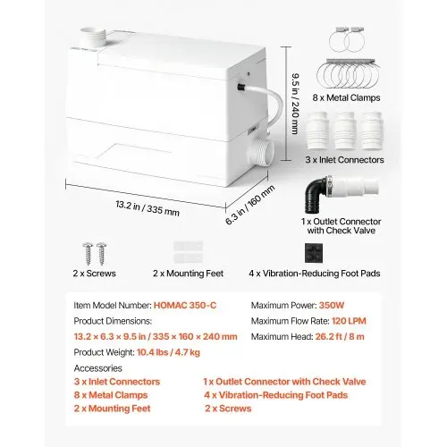 VEVOR Hebeanlage 800 W 7200 L/h Abwasserhebeanlage mit 8 m Förderhöhe Weiß, Abwasserpumpe mit 3 Einlässen zur Abwasserentsorgung in Keller Küche Spüle Dusche Badewanne und Waschküche – Bild 6