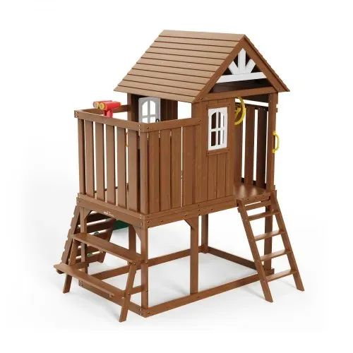 VEVOR Holzspielhaus Kinderspielhaus, Gartenhaus für Kinder ab 2 Jahren, Gartenspiele-Hütte, Spielhaus aus Zedernholz im Landhausstil mit Rutsche, Leiter, Kletterwand, Fenstern, Picknicktisch Outdoor – Bild 8