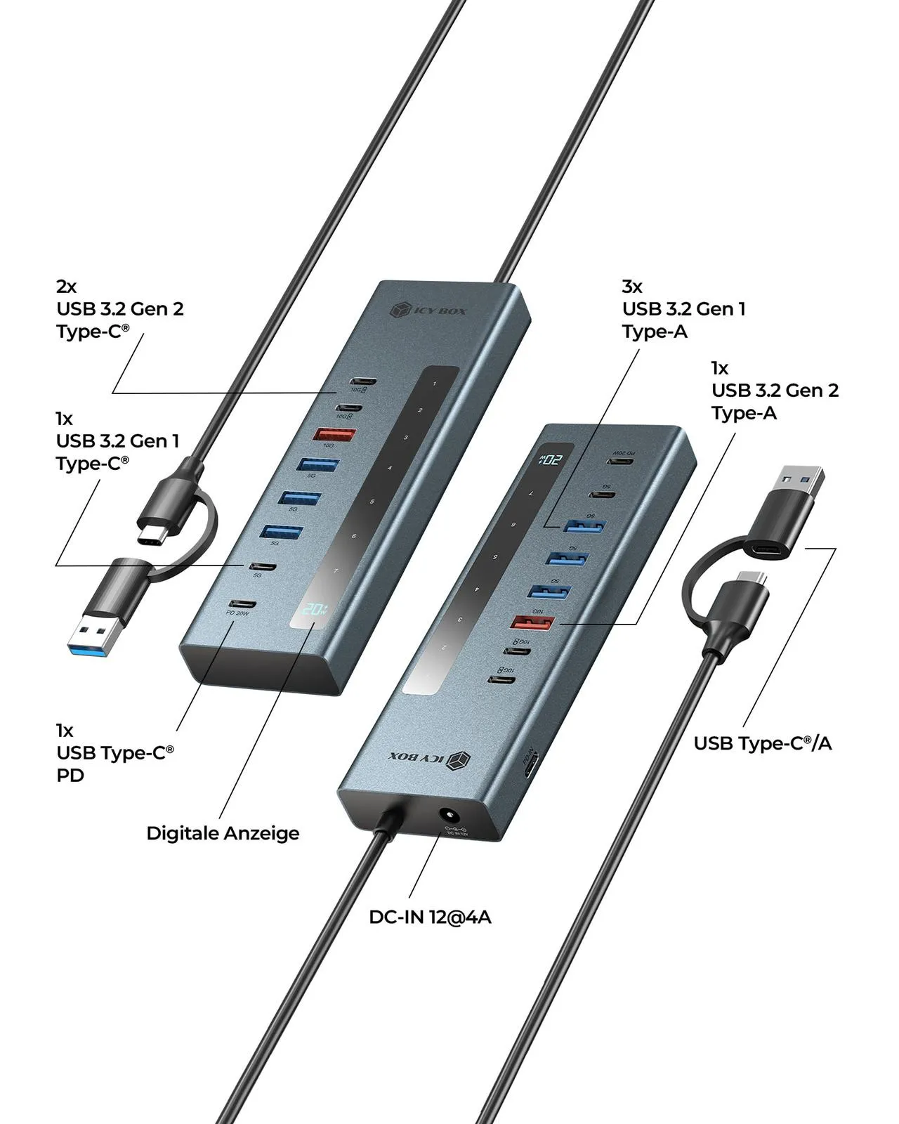 ICY BOX IB-HUB1743-CPD, 9-in-1 HUB, 7x HUB Port (3C+ 4A) mit 1x USB-C für Laden (PD 20W mit display) & 1x PD 100W (upstream to Host) USB 3.2 Gen2, 10 Gbit/s – Bild 2