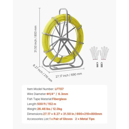 VEVOR Fiberglas Kabel Rad 152 m Ø6,3mm Glasfaserstab, Fischband mit Ständer, Kabeleinziehhilfe mit Markierungen, Kabeleinfädler, Kabelzieher für Wände & Elektroinstallationsrohre, Nichtleitend – Bild 6