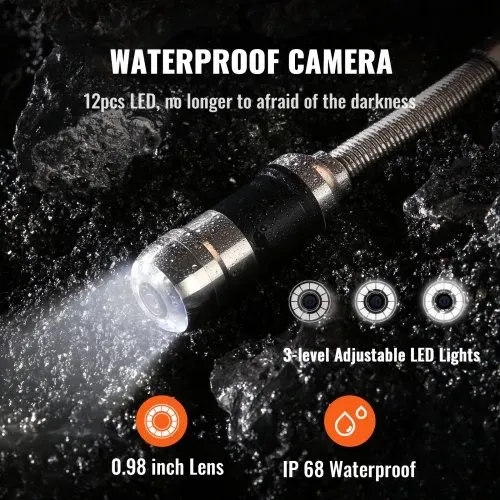 VEVOR Kanalkamera mit 512-Hz-Ortung, 30 m, 17,8 cm Rohrinspektionskamera mit DVR-Funktion, IP68-Kamera mit 12 einstellbaren LEDs, einer 16-GB-SD-Karte für Abwasserleitungen, Haus, Kanalabflussrohre – Bild 3