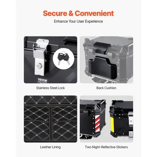 VEVOR Motorrad-Topcase Motorradkoffer 45 L Heckbox aus Aluminiumlegierung mit Lederfutter, abnehmbare Motorrad-Topbox mit Schloss & Rückenpolster, Helmkoffer (435 x 378 x 348 mm) Schwarz – Bild 5