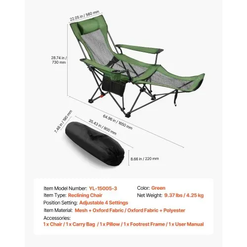 VEVOR Campingstuhl faltbar, Liegestuhl mit 4 verstellbaren Positionen, Relaxsessel Liege mit Getränkehalter, Netz-Strandstuhl mit Kopfstütze & Fußstütze, trägt 100 kg, für Outdoor Camping, grün – Bild 6