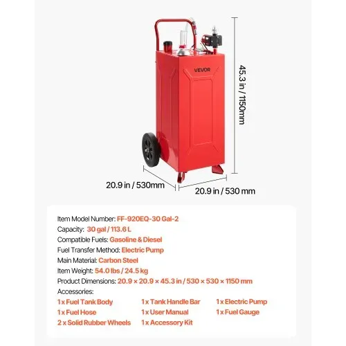 VEVOR 113,6L Kraftstofftrolley Mobile Tankanlage mit 12V Elektropumpe Rot, Tragbarer Kraftstoffkanister für Auto Rasenmäher Boot, Mit 2 Rollen & Ölstandsanzeige, Für Benzin & Diesel, Kohlenstoffstahl – Bild 6
