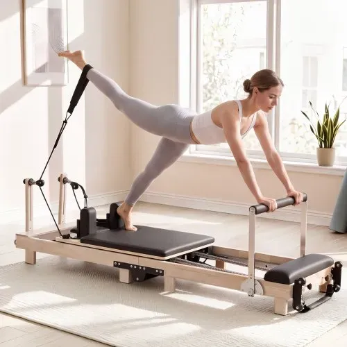 VEVOR Pilates Reformer Gerät Klappbar 2310 x 680 x 755 mm Gummibaumholz für Heimgebrauch & Fitnessstudio, mit Jumpboard, Sitzbox, Verstellbarer Kopfstütze und Leisem Schlittenlauf, 181 kg Belastbar – Bild 7