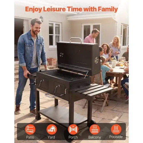 VEVOR Holzkohlegrill 0,50 m² Kohlegrillwagen mit 2 Anhebbaren Holzkohleschalen und Klappbaren Seitentischen, Hitzebeständiger, Pulverbeschichteter Stahlgrill für Terrassen- und Gartenpartys – Bild 6