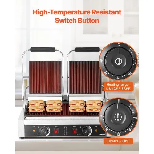 VEVOR kommerzieller Kontaktgrill 3600 W Elektrogrill Sandwichmaker (Doppelbackplatten) Panini Presse aus Edelstahl mit Temperaturregelung, 48 x 23 cm gerillte Emailleplatte für Hamburger Steak Speck – Bild 4