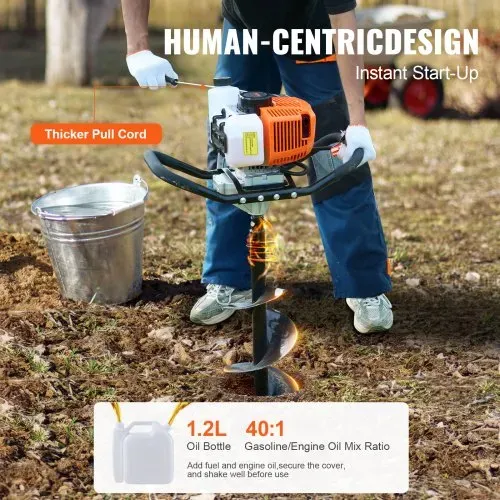 VEVOR Erdbohrer mit Benzinmotor, 63 CC, 2400 W, Benzinbohrer mit 8-Zoll-Bohrkronen und 1 Verlängerungsstange, Lochbohrer für Pfostenzäune für Ackerland, Gartenpflanzen, Orange+Schwarz – Bild 4
