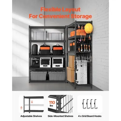 VEVOR Lagerregale, 1134 kg, 5-stufiges Schwerlastregal für die Garage, 457,2 x 1219,2 x 1828,8 mm, verstellbares Garagenregal für Industrieregale, Kellerregal, für Küche, Lager, Keller, schwarz – Bild 2