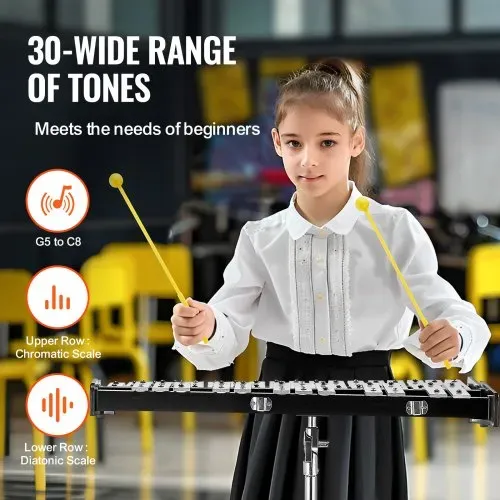 VEVOR Glockenspiel-Xylophon-Set mit 30 Noten, professionelles Schlaginstrumenten-Set mit Schlägeln, Trommelstöcken, Notenständer, 20 cm Übungspad, verstellbarem Ständer und Tragetasche – Bild 2