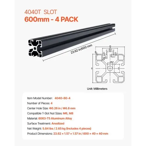 VEVOR 4er Set 600 mm T-Nut 4040 Aluminium-Strangpressprofil, eloxierte Linearschiene nach europäischem Standard, Nutenprofil für 3D-Drucker, CNC-Maschine DIY, Lasergravur, Schwarz – Bild 6