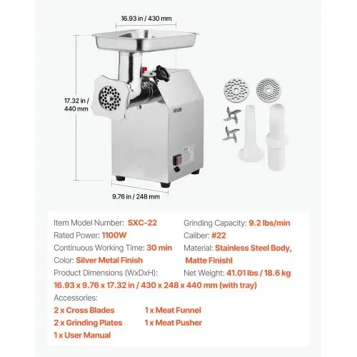 VEVOR elektrischer Fleischwolf mit 4,2 kg/min Kapazität, industrieller Tisch-Fleischwolf 1100 W mit Klinge & Mahlplatte, Wurstmaschine, kommerzieller Fleischwolf aus Edelstahl für Restaurant – Bild 6