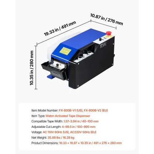 VEVOR Wasseraktivierter Klebebandspender mit 100–995mm Schnittlänge 220V, Automatischer Klebebandschneider für Nassklebeband, Verpackung & Lagerung, 40-100mm Bandbreite, mit 1,3kg Wassertank, Blau – Bild 6