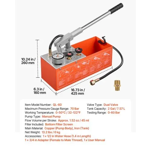 VEVOR Hydraulische Abdrückpumpe Druckprüfpumpe 7,57 L 0-60 bar Doppelventil, Handdruckpumpe mit Manometer und Tank, für Rohrleitungen, Wasserleitungen, Heizungen, Druck- und Leckprüfung – Bild 6