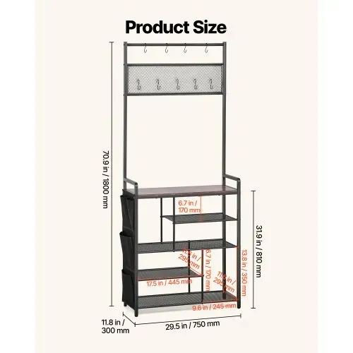 VEVOR Multifunktionale Flurgarderobe (75 x 30 x 180 cm) mit Schuhablage & Haken, Garderobenständer mit Seitentasche, Garderobe mit Stahlrahmen Geeignet für Eingangsbereich Schlafzimmer Schwarz – Bild 4