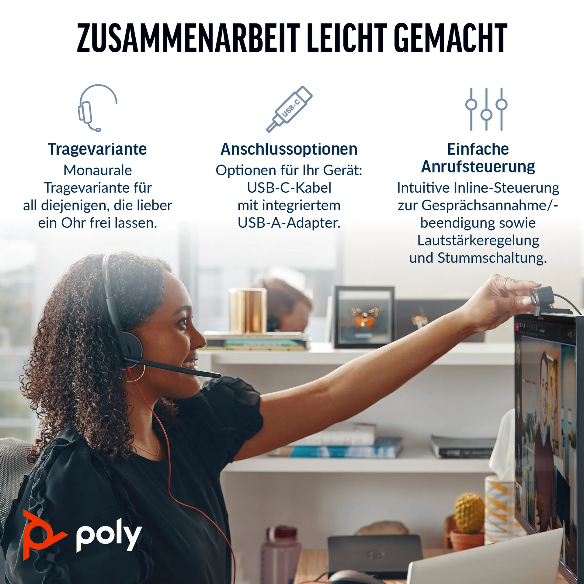 HP Poly Blackwire 3210 Monaurales USB-C-Headset + USB-C/A-Adapter HP Poly Blackwire 3210 Monaurales USB-C-Headset + USB-C/A-Adapter