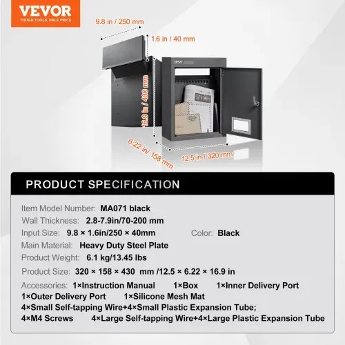 VEVOR Mauerdurchwurf Briefkasten, robuster Einbaubriefkasten aus Stahl für Wände mit einer Dicke von 70 bis 200 mm, Zahlenschloss, 320 x 158 x 430 mm Briefkasten, schwarz – Bild 6