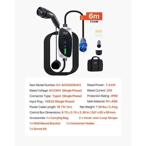VEVOR Mobile Wallbox, 7,4 kW, 32 A, Typ 2 Ladestation, Tragbares Einphasig-Ladegerät mit 6 m Ladekabel, CEE-Stecker, LCD-Bildschirm, IP66-Steuereinheit, Stromversorgung für Elektrofahrzeuge – Bild 6