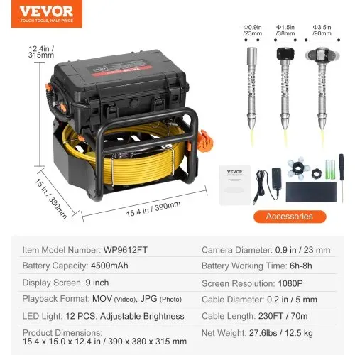 VEVOR Kanalkamera 70 m, selbstnivellierende Rohrinspektionskamera mit 512-Hz-Sender, Entfernungszähler, 9-Zoll-Bildschirm, 1080P HD-Rohrkamera mit 12 LEDs und 32-GB-Karte für Kanalrohre, Endoskop – Bild 6
