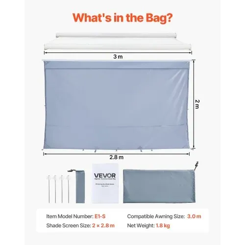 VEVOR Sonnenschutz (2 x 2,8 m) für Markisen (3 m), Markisen-Vorderwand mit UV50+ & Reißverschluss-PU-Bezug & Doppelt Genähtem Polyester-Netzgewebe, Regenschutz für Wohnmobil, Camping & Wohnwagen – Bild 6