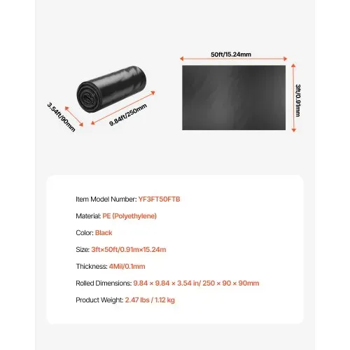 VEVOR PE Baufolie 0,91x15,24m, 4 Mil/0,1 mm dicke Abdeckfolie, Kunststoff-Abdeckplane, Malerplane, Polyethylen-Estrichfolie für Kriechkeller-Dampfsperre, vielseitig einsetzbar, Schutzfolie, schwarz – Bild 6