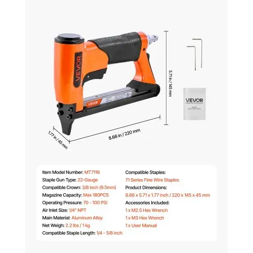 VEVOR Drucklufttacker, Druckluftnagler für Feindrahtklammern der Serie 71, 9,5 mm Krone, 6–16 mm Länge, max. 180 Stk. Druckluft Nagelpistole für Polsterarbeiten, Holzarbeiten, Heimwerkerprojekte – Bild 6