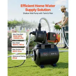 VEVOR Hauswasserwerk 800 W, 5000 L/h Jetpumpe mit 19 L Druckbehälter, 49 m Förderhöhe, inkl. Automatischem Wasserfördersystem & Kunststoffpumpenkopf, zur Gartenbewässerung & Hauswasserversorgung VEVOR Hauswasserwerk 800 W, 5000 L/h Jetpumpe mit 19 L Druckbehälter, 49 m Förderhöhe, inkl. Automatischem Wasserfördersystem & Kunststoffpumpenkopf, zur Gartenbewässerung & Hauswasserversorgung