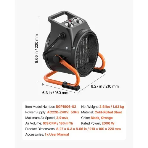 VEVOR Gewächshausheizung 2000W, Elektrischer PTC-Heizlüfter mit Ventilatorfunktion & 2 Heizstufen, Tragbarer Heizer mit Überhitzungsschutz & 15° Einstellbarer Heizwinkel, Elektroheizer für Gartenhaus – Bild 6